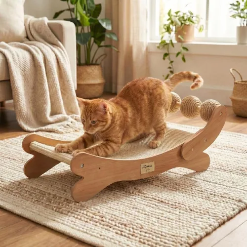 Miniatura 2 de Sisal - Cama rascador para gatos con 3 bolas de juguete para gatos de interior, hamaca 3 en 1 de madera duradera y almohadilla para rascar - muebles
