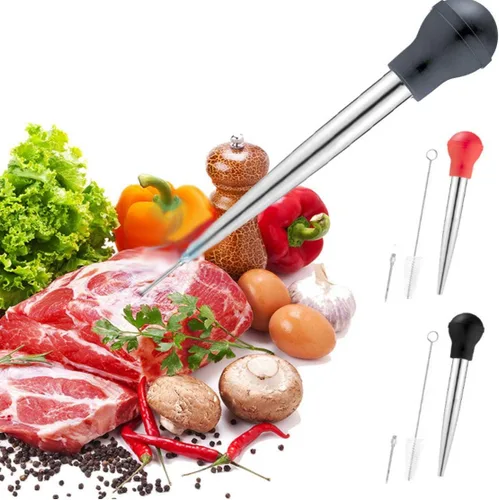 Miniatura 5 de Baster - Jeringa de acero inoxidable para pavos con cepillo de limpieza e inyector de adobo, color negro