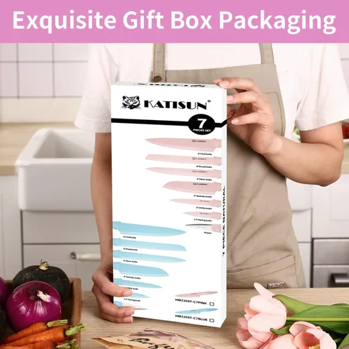 Miniatura 7 de Juego de cuchillos de cocina con protectores, juego de cuchillos antiadherentes de color rosa en caja, antioxidante y apto para lavavajillas, 6