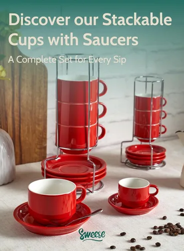 Miniatura 8 de Sweese Tazas apilables de porcelana para capuchino de 8 onzas con platillos y soporte de metal, para bebidas de café especiales, capuchino, café