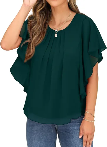 Miniatura 2 de QIXING Blusas de gasa con cuello redondo y cuello redondo de verano para mujer