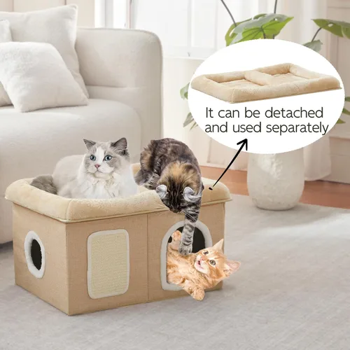 Miniatura 2 de WINDRACING Camas para gatos de interior - Casa extra amplia para mascotas y cama plegable para gatos con almohadilla para arañar, escondite