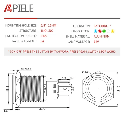 Miniatura 2 de APIELE - Interruptor de botón de encendido de pestillo de 16mm, 12 V CC, carcasa negra con cabeza de ojo de ángel LED para orificio de montaje