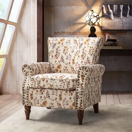Miniatura 11 de HULALA HOME Silla moderna con respaldo de alas con patas de madera y cojín extraíble, cómodo sillón tapizado con ribete de cabeza de clavo, sofá