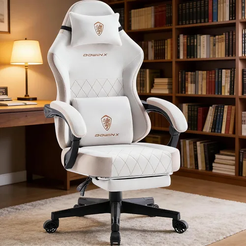 Miniatura 10 de Dowinx Silla de juegos con cojín de resorte de bolsillo, almohada lumbar de masaje y reposapiés, asiento ancho con reposabrazos acolchados, tela