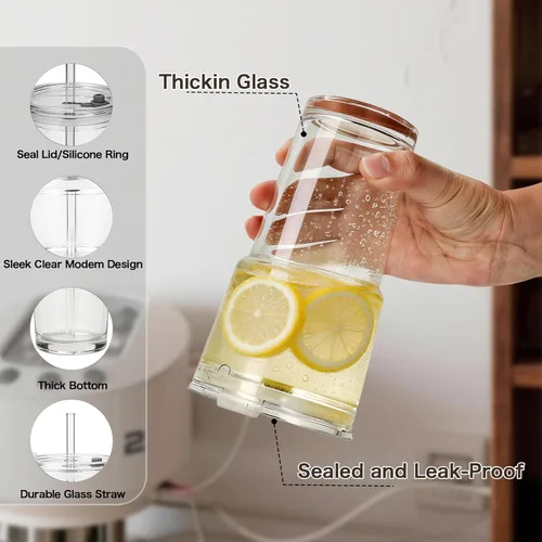 Miniatura 4 de 20oz Clear Glass Cups with Lids and Straws, Reusable Iced Coffee Cups, Drinking Tumblers for Cocktail Beer, Juice, Smoothie, Water, Party Gifts