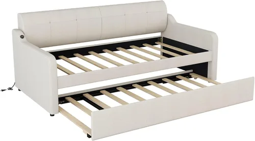 Miniatura 8 de MERITLINE Sofá cama de tapicería de tamaño individual con nido y diseño de carga USB, nido puede ser plano o erigido, sofá cama con tablas,