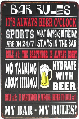 SUMIK Bar Rules It's Always Beer O'Clock, letrero de metal de hojalata, placa de póster vintage, decoración de pared para bar, cocina, hogar