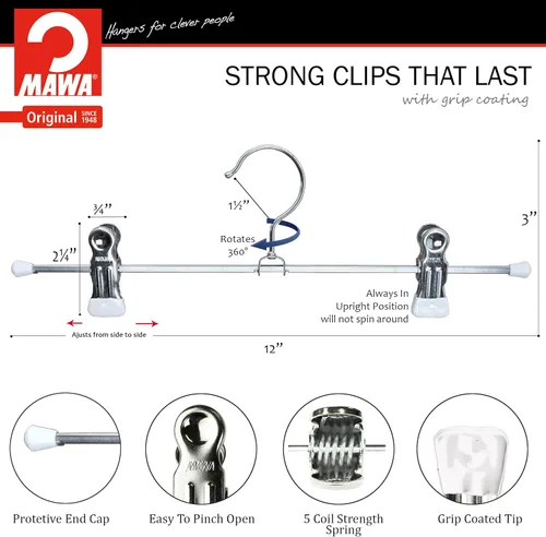 Miniatura 3 de Mawa by Reston Lloyd - Percha antideslizante para pantalones y faldas con dos clips antideslizantes, estilo K/30D, 12 pulgadas, juego de 10