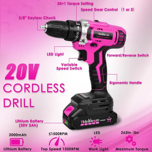 Miniatura 2 de ThinkLearn - Kit de herramientas con taladro inalámbrico de 20 V (265 lb-in), juego de taladro rosa para mujeres, kit de herramientas para el hogar