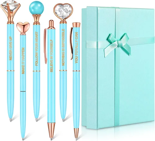 Yeaqee Juego de 6 bolígrafos inspiradores para mujer, regalo 2026, bolígrafos de diamante con cristal, suministros de oficina motivacionales con Azul