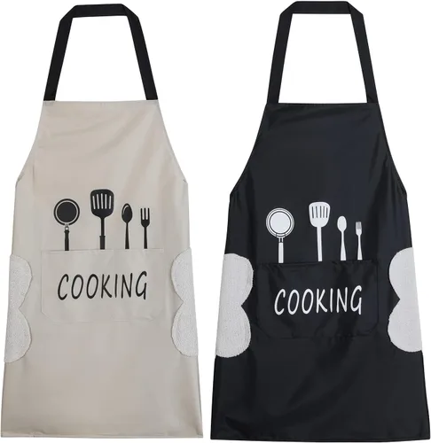Paquete de 2 delantales de cocina con toallita de mano, resistente a las gotas de agua con 2 bolsillos, delantales de cocina para mujeres y hombres