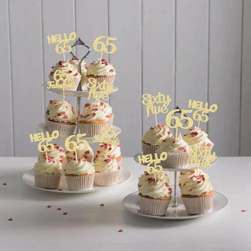 Miniatura 5 de Gyufise 24 adornos dorados para cupcakes de cumpleaños 65 Hello 65 Sixty Five Cake Toppers 65 y fabulosas selecciones para cupcakes para cumpleaños
