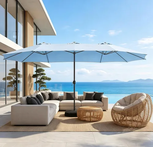 Miniatura 12 de Sombrilla de doble cara para patio de 15 x 9 pies con base y manivela, sombrilla rectangular extragrande para patio, césped y jardín, beige