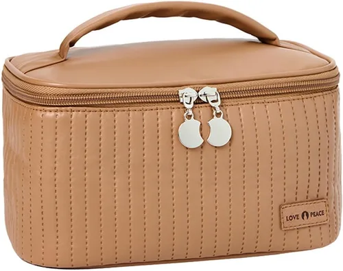 Bolsa de maquillaje de viaje, estuche de cosméticos con soporte para brochas de maquillaje, organizador portátil de piel sintética para mujer, Café