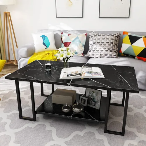 Miniatura 5 de AWQM Mesa de Centro de Mármol, Mesa de Centro Rectangular con Superficie de Mármol Sintético y Marco de Metal Negro, Mesa de Sala de 2 Niveles