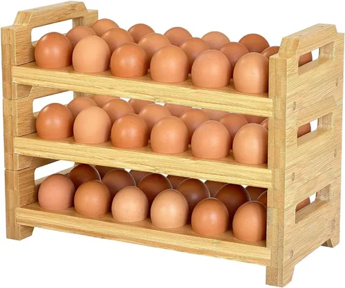 Soporte para huevos de bambú, diseño apilable para huevos frescos, estante de almacenamiento de bandeja de huevos de granja, organizador de encimera
