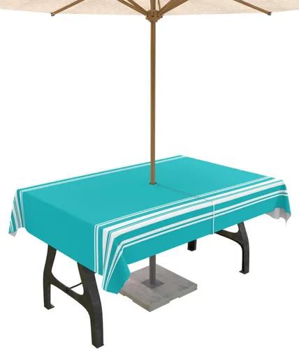 Miniatura 30 de QueenKer Mantel para exteriores con agujero para paraguas, líneas minimalistas, hojas, flores, mesas rectangulares azules, colección de mesa