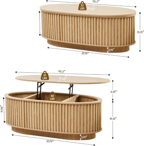 Miniatura 2 de Mesa auxiliar ovalada de 43.3 pulgadas, mesa de centro acanalada con compartimento de almacenamiento oculto, mesa de comedor moderna de mediados
