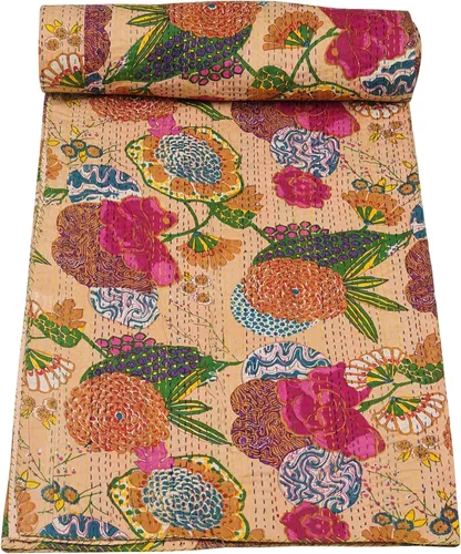 Marubhumi Colcha Kantha reversible de algodón puro cosido a mano indio con estampado de frutas, color beige, tamaño individual (60 x 90 pulgadas)