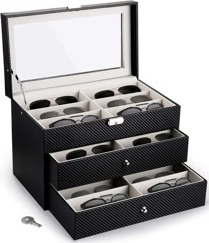 Nicunom Organizador de lentes de sol con 18 ranuras para coleccionista gafas de sol caja de almacenamiento de gafas con cajón con cerradura color