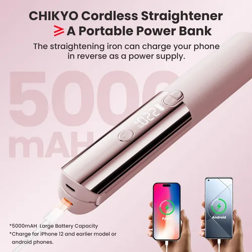 Miniatura 3 de CHIKYO Plancha de pelo inalámbrica 2 en 1, rizador portátil sobre la marcha, banco de energía portátil, 7 temperaturas, pantalla LED, mini plancha