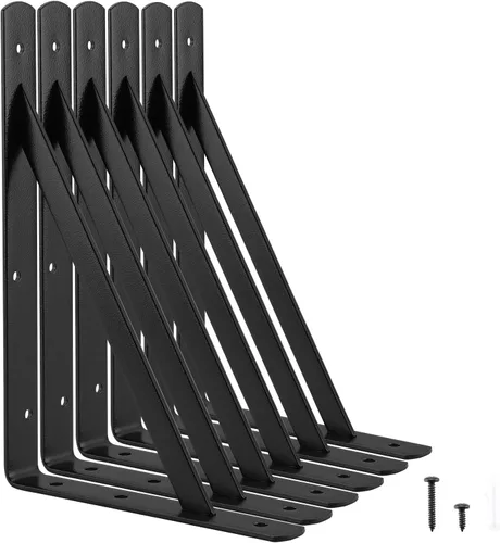 Soportes de estante de servicio pesado de 12 x 8 pulgadas, paquete de 6 soportes de estantes de metal negro, capacidad de carga: 600 lb, soporte de