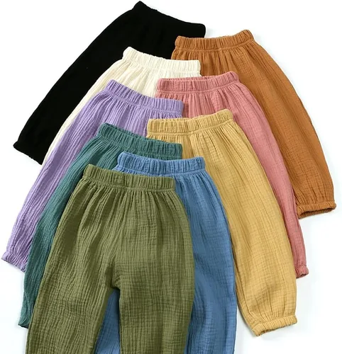 Miniatura 5 de Kids Tales Paquete de 3 pantalones de lino de algodón para niños y niñas, pantalones básicos lisos lisos para niños grandes, cintura elástica
