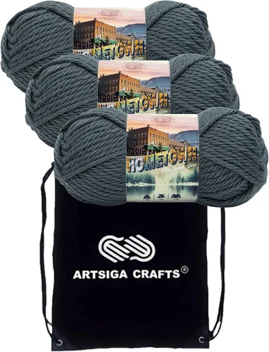 Miniatura 48 de Lion Brand Hometown New York White 135-100 (3 madejas - mismo lote de tinte) #6 S Bulky - Hila acrílica para crochet y tejer con bolsa para proyectos