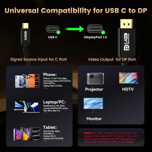 Miniatura 2 de XAOSUN Cable USB C a DisplayPort 1.4 bidireccional 8K @60Hz 4K @240Hz, 6.6FT/2M DP a USB C Thunderbolt 4, funda de aluminio trenzado de nailon