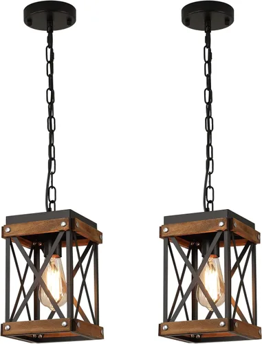Paquete de 2 lámparas colgantes de madera rústica de granja con cadena ajustable de una sola luz de madera de roble y metal, iluminación colgante