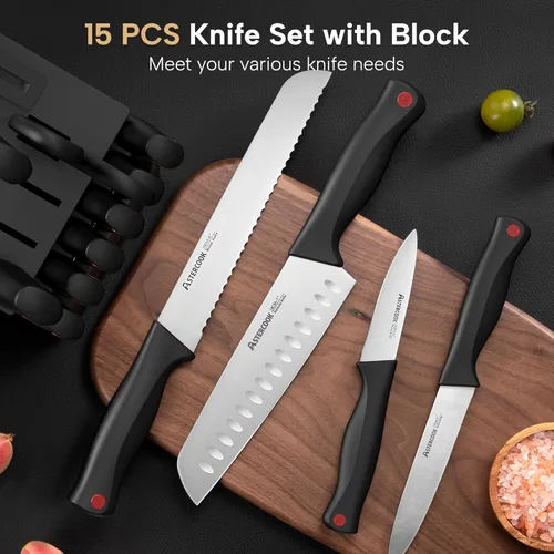 Miniatura 5 de Astercook Juego de cuchillos de cocina de 15 piezas con afilador integrado, juego de bloques de cuchillos de chef de acero inoxidable alemán de alto