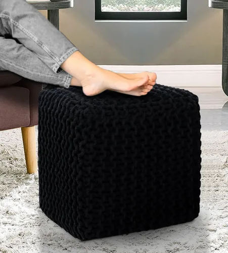 Miniatura 4 de COTTON CRAFT Puf Cubo Trenzado – Otomana de Cordón de Algodón Tejido a Mano Cable Dori – Taburete para Pies – Puf de Piso – Reposapiés – Asiento