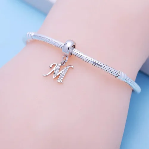Miniatura 6 de ABUN Abalorio de plata de ley 925 con letra A a la Z espaciador de inicial con circonita cúbica transparete colgante auténtica para pulseras