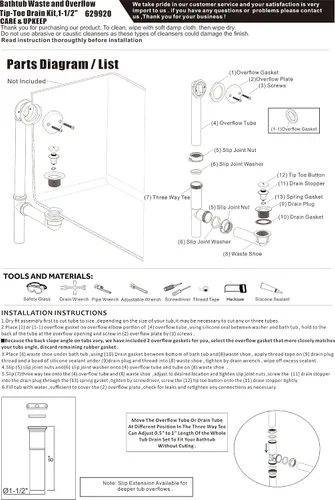 Miniatura 7 de Artiwell Kit de drenaje tubular de baño negro de 1-1/2 pulgadas con tapón de drenaje de baño accionado con la punta del pie, drenaje de bañera Negro