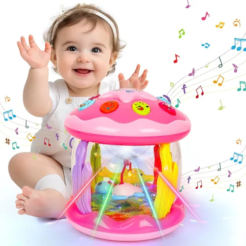 M SANMERSEN Juguetes para bebés niña de 6-12 meses - Juguetes musicales con proyector giratorio de océano para bebés de 12-18 meses, juguetes Rosa