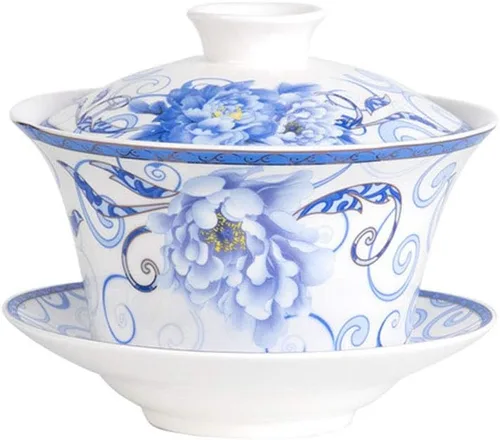 Miniatura 17 de Liang baobao Juego de Té Tradicional Gaiwan con Tapa y Platillo Taza de Té Gongfu de Porcelana Diseño Azul de Loto Tazas de 200ml