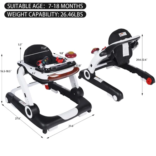 Miniatura 9 de Kinder King Andador para bebés con música y luces, 5 en 1 caminante de actividad para bebés con rueda, altura y asiento ajustables, asiento de Negro