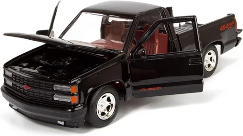 Miniatura 3 de All Star Toys 1992 Chevy C1500 454SS Pickup Truck a escala 1/24, modelo de coche fundido en metal negro con interior rojo Silverado 454 SS Motormax