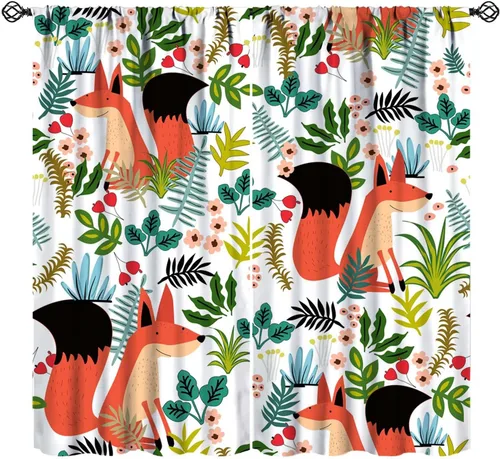 Miniatura 14 de Cortinas opacas de dibujos animados de animales de bosque naranja, zorro, flores, luna, hojas azules, arte abstracto, niños y niñas, decoración