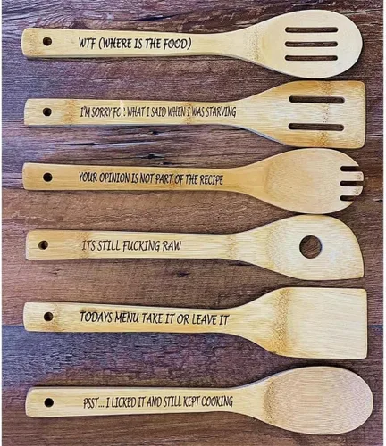 Miniatura 4 de Divertido juego de cucharas de madera, 6 cucharas de madera para reproducir, cuchara de café de madera grabada con frases divertidas, cucharas