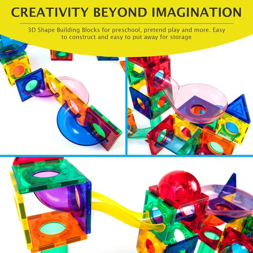 Miniatura 8 de PicassoTiles Paquete de 70 piezas de pista de carreras de canicas + 60 azulejos magnéticos, divertido y creativo, juguete sensorial educativo