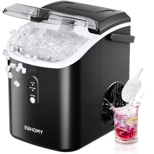 EUHOMY, Fabricador de hielo para encimera con asa, listo en 6 minutos, 34 libras por día, cubierta superior extraíble, autolimpiante, máquina de