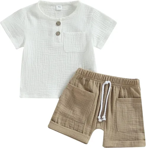 Miniatura 8 de fhutpw Conjunto de 2 piezas de ropa de verano para bebés, camiseta de manga corta, cintura elástica, pantalones cortos para niños pequeños