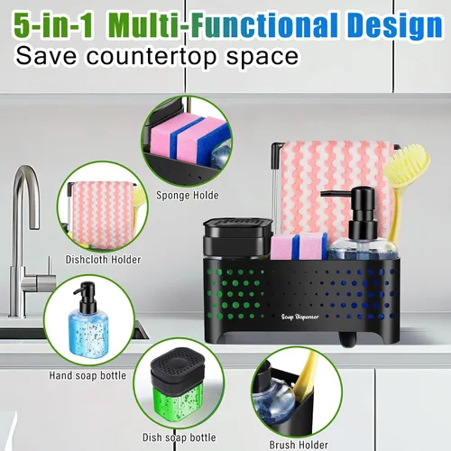 Miniatura 5 de Juego de dispensador de jabón de cocina, soporte de esponja para fregadero de cocina, dispensador de jabón de manos y platos con organizador