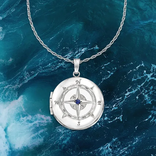 Miniatura 5 de Ross-Simons Collar con medallón de brújula de plata de ley con acento de zafiro, Gema, Zafiro