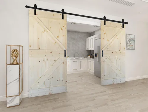 Miniatura 21 de Serie K de 60 x 84 pulgadas (30 x 84 pulgadas x 2 paneles) Puerta corredera clásica de madera maciza con acabado de nogal con riel de herrajes