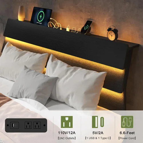 Miniatura 4 de Feonase Base de cama flotante tamaño Queen con luces LED y estación de carga, base de cama de madera tamaño Queen con cabecero de almacenamiento