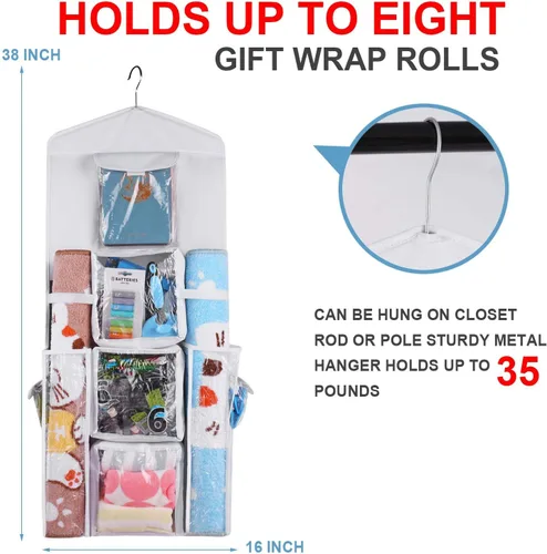 Miniatura 5 de Organizador de bolsas de papel de regalo colgante, doble cara para colgar puerta y armario, cinta de almacenamiento versátil, lazos para juguetes