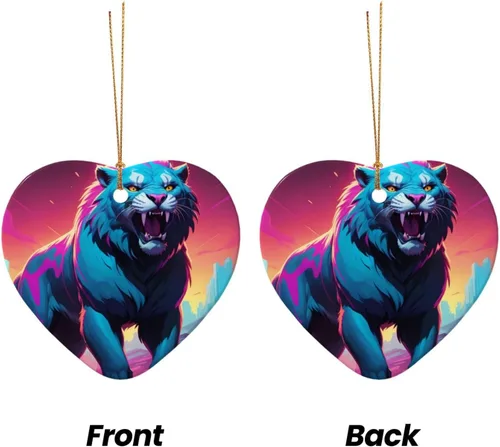 Miniatura 2 de Synthwave Sabertooth patterned Star Shape ceramic pendant, perfect for decorating your home Christmas tree for winter parties